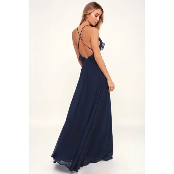 Lulus Metropolitan Navy Blue Ruffled Maxi Dress Large V Neck Sleeveless - Picture 2 of 16